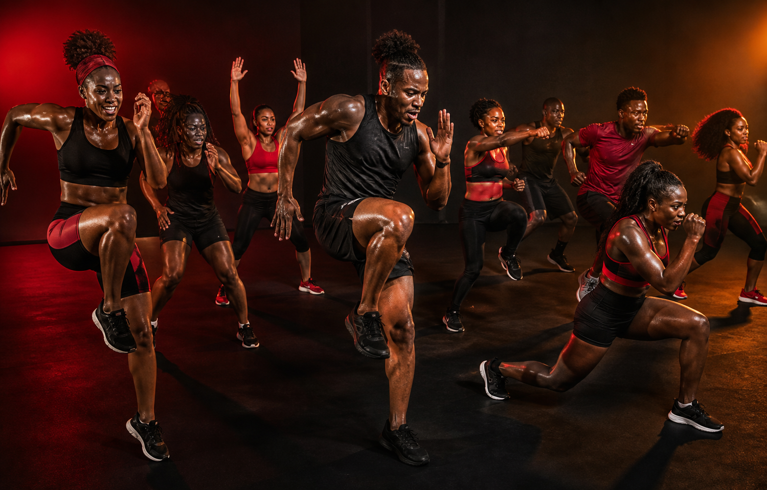Groupe mêlant mouvements d’arts martiaux et cardio athlétique dans KONBA DIFÉ