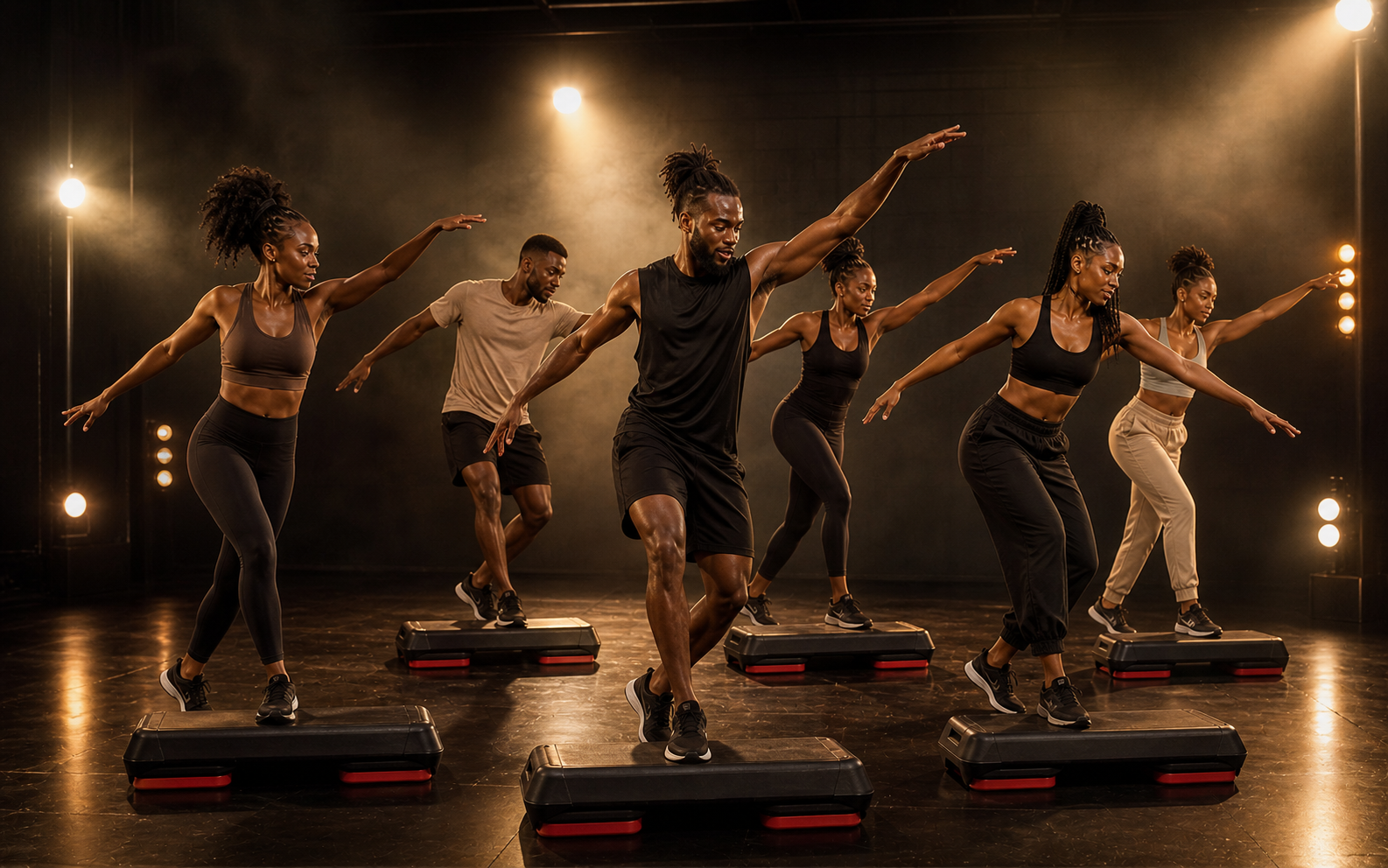 Groupe en mouvement autour des plateformes de step pour STEP&SHOW
